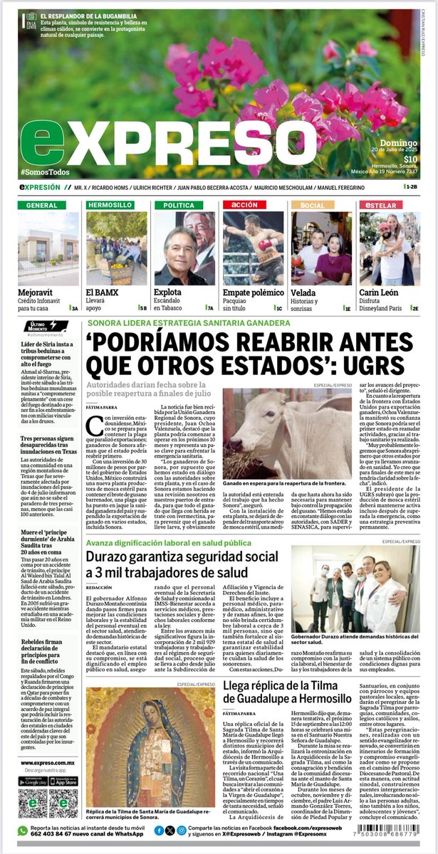 Esta es la portada de hoy 📰 ¿Ya la viste? <a href="/Expresoweb/">EXPRESO</a> 

#PortadaDelDia #Sonora
