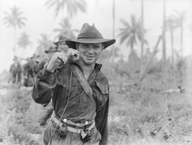 WW2Facts's tweet image. Australian Private H. J. Hunt of A Company, 2/4th Battalion, 6th Division, returns from a patrol along the Danmap River during the Aitape–Wewak Campaign in New Guinea on December 6, 1944.
#History #WWII