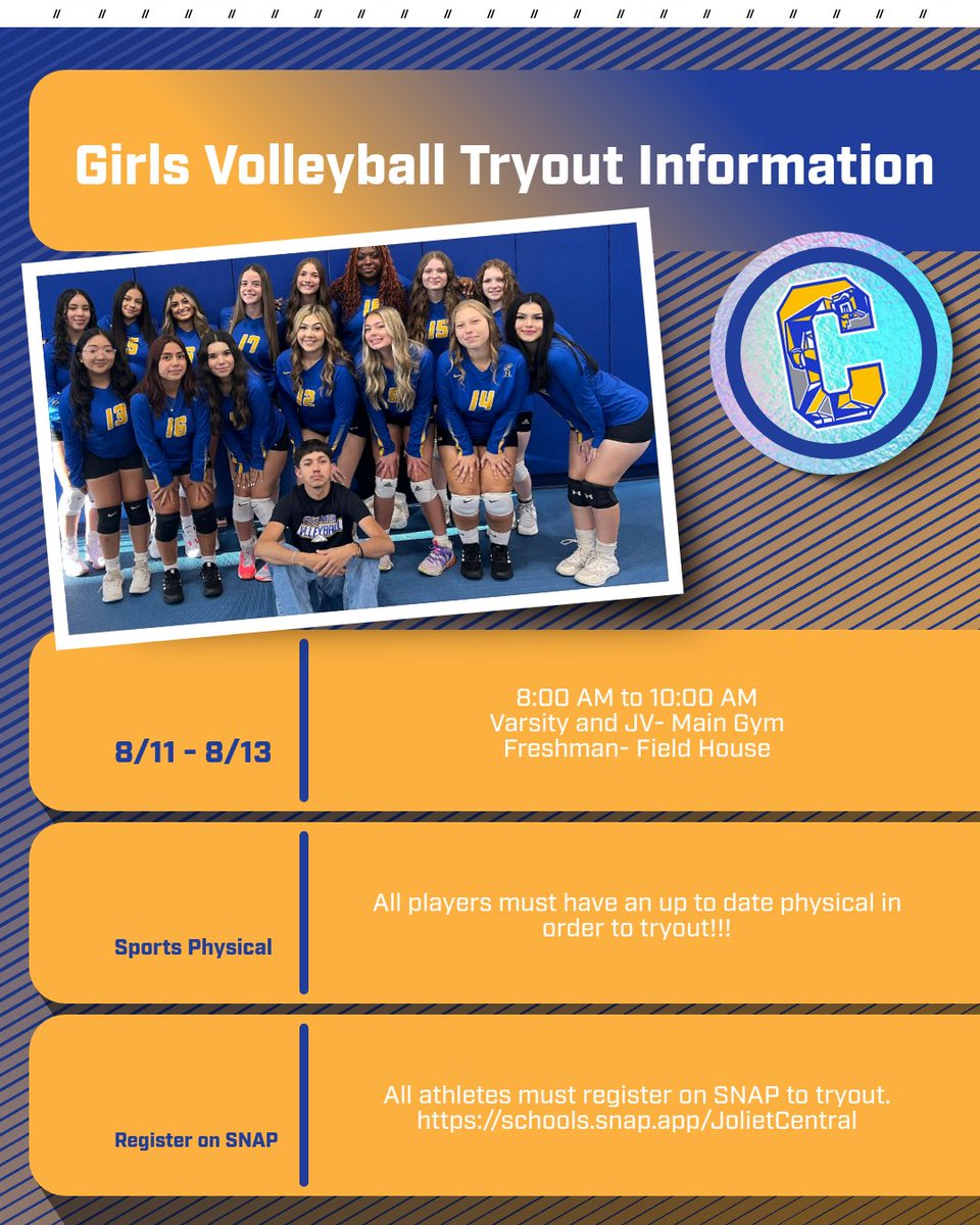 Steelmen Volleyball (@steelmenvb) on Twitter photo 2025-2026 Girls Volleyball Tryout Information! You must have an up to date physical and register on SNAP schools.snap.app/JolietCentral. Registration is now open!! Go Steelmen!!! <a href="/JolietCentralAD/">Joliet Central Athletics</a> 2025-2026 Girls Volleyball Tryout Information! You must have an up to date physical and register on SNAP schools.snap.app/JolietCentral. Registration is now open!! Go Steelmen!!! <a href="/JolietCentralAD/">Joliet Central Athletics</a>