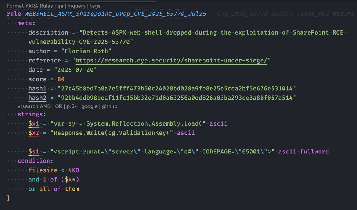 cyb3rops's tweet image. Wrote a set of YARA rules to detect the specific web shells dropped during the SharePoint CVE-2025-53770 exploitation.

- Cleartext and compiled variants
- Forensic artefacts in logs and on disk

Hope it helps.

Rules will be available in THOR Lite and THOR Cloud Lite shortly.…
