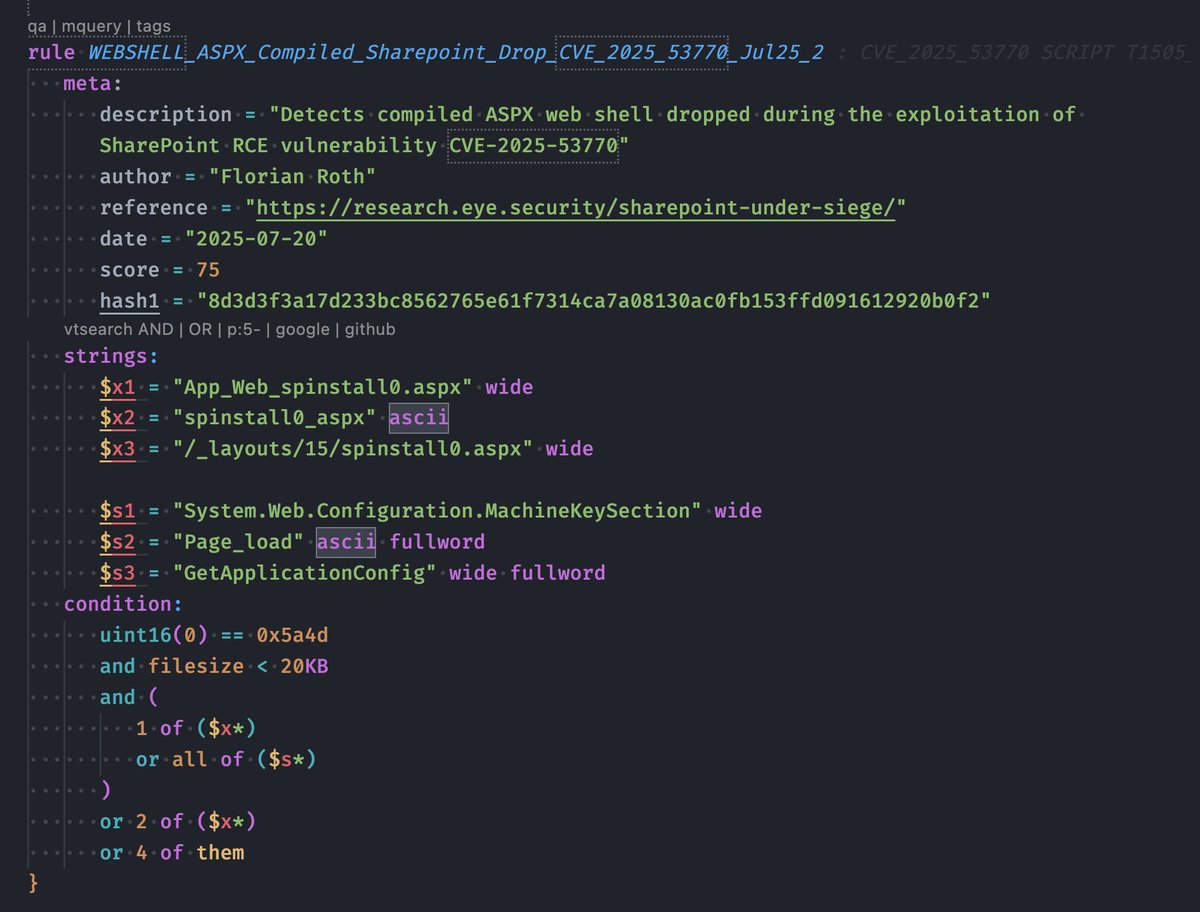 cyb3rops's tweet image. Wrote a set of YARA rules to detect the specific web shells dropped during the SharePoint CVE-2025-53770 exploitation.

- Cleartext and compiled variants
- Forensic artefacts in logs and on disk

Hope it helps.

Rules will be available in THOR Lite and THOR Cloud Lite shortly.…