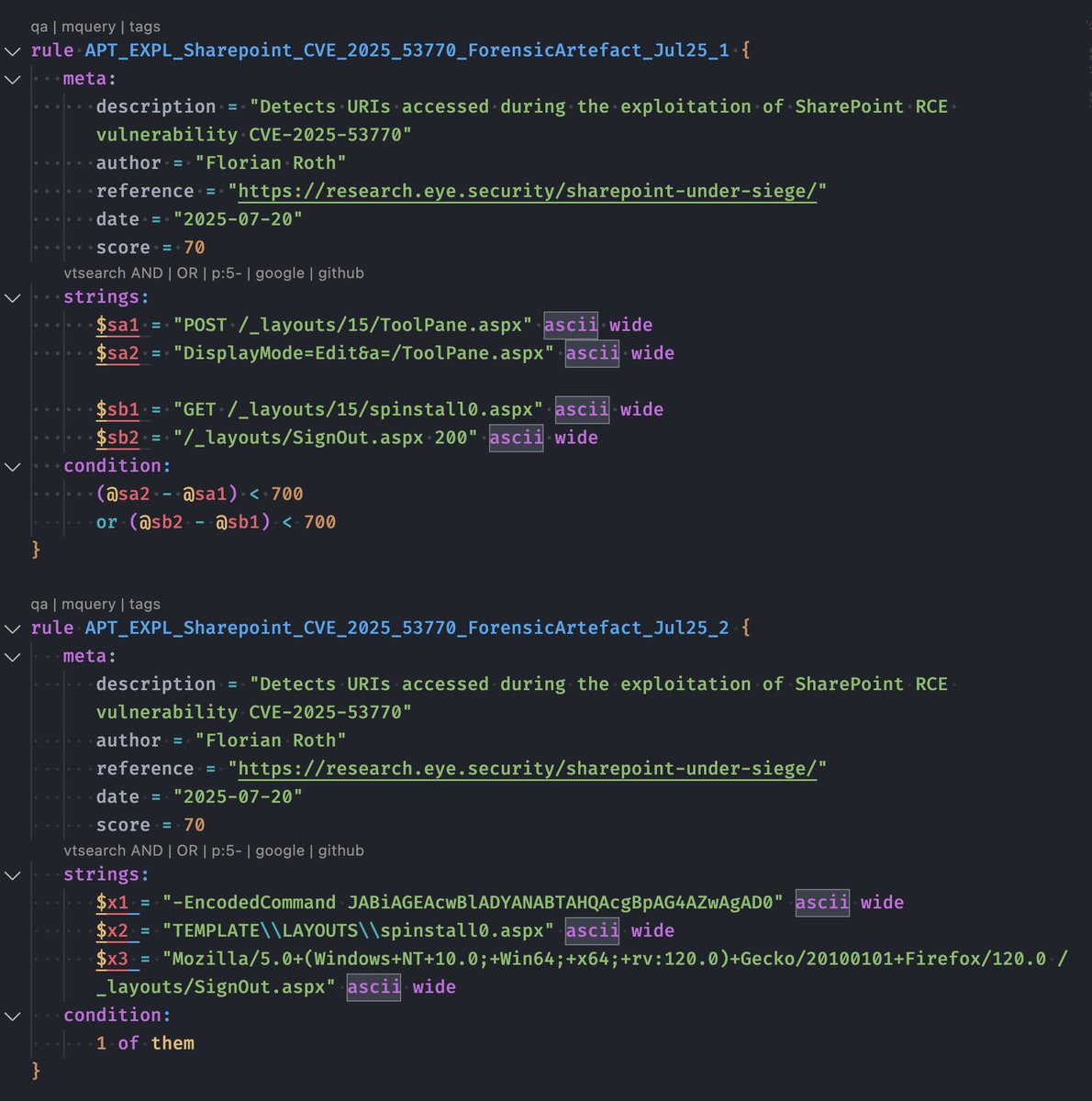 cyb3rops's tweet image. Wrote a set of YARA rules to detect the specific web shells dropped during the SharePoint CVE-2025-53770 exploitation.

- Cleartext and compiled variants
- Forensic artefacts in logs and on disk

Hope it helps.

Rules will be available in THOR Lite and THOR Cloud Lite shortly.…