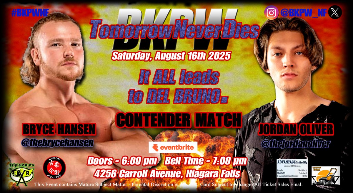 BUSTED KNUCKLE PRO WRESTLING (@bkpw_nf) on Twitter photo Can we get any crazier than THIS MATCH!? Talk about kicking off with high octane action - <a href="/thebrycehansen/">Bryce Hansen ブライス・ハンセン</a> will face off against <a href="/TheJordanOIiver/">Jordan Oliver | GO THE DISTANCE!!</a> where the winner will further his contendership journey. Remember...
It all leads to <a href="/delbruno7/">Alessandro Del Bruno</a> at TOMORROW NEVER DIES
#BKPWNF #TMD Can we get any crazier than THIS MATCH!? Talk about kicking off with high octane action - <a href="/thebrycehansen/">Bryce Hansen ブライス・ハンセン</a> will face off against <a href="/TheJordanOIiver/">Jordan Oliver | GO THE DISTANCE!!</a> where the winner will further his contendership journey. Remember...
It all leads to <a href="/delbruno7/">Alessandro Del Bruno</a> at TOMORROW NEVER DIES
#BKPWNF #TMD