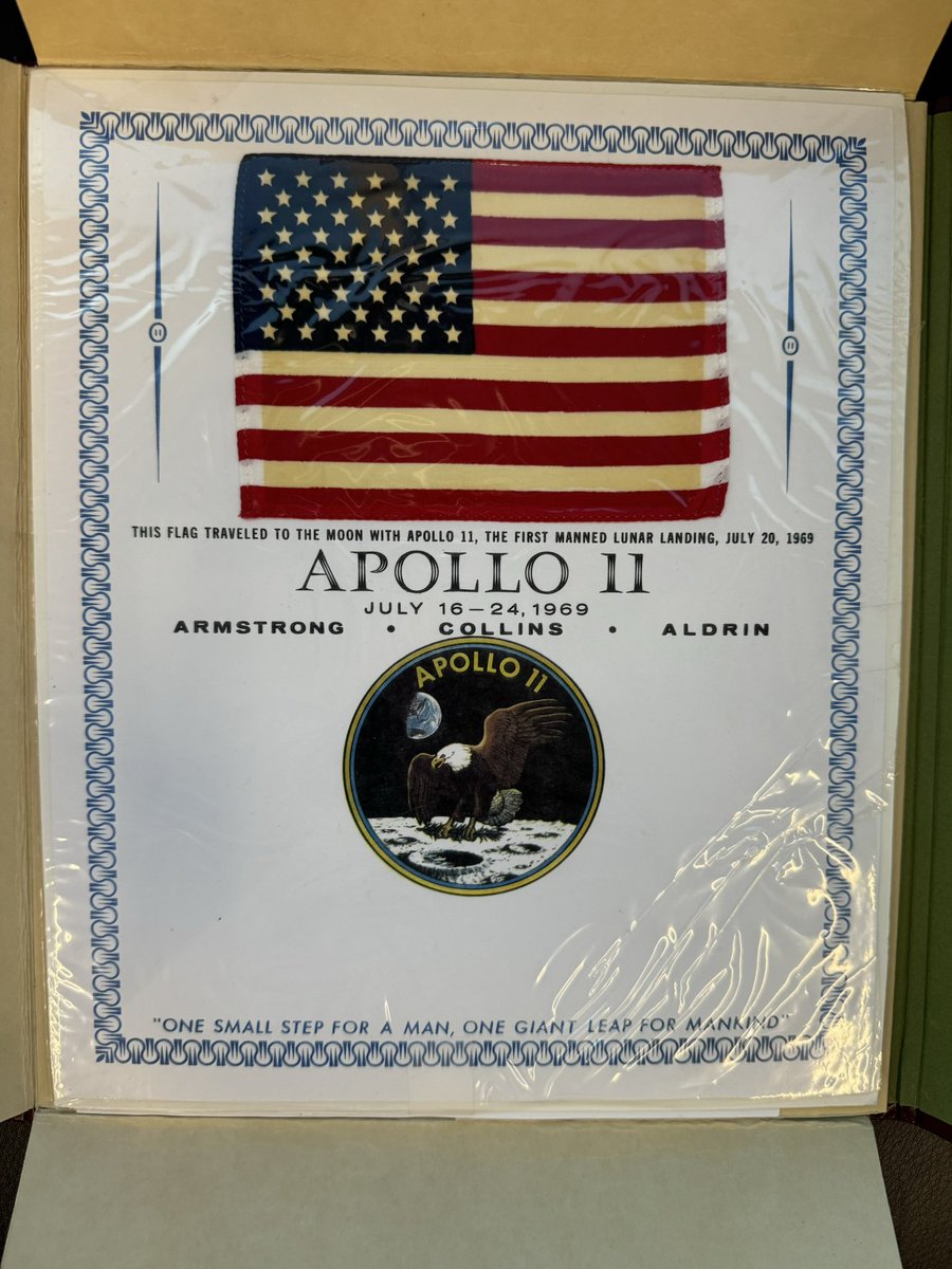BrandonFugal's tweet image. On this Day in 1969, the Apollo 11 crew successfully accomplished the first human landing on the Moon. This small U.S. flag in my collection is was one of a very few in their personal or PPK kits carried to the surface & brought back, mounted with NASA certificate.