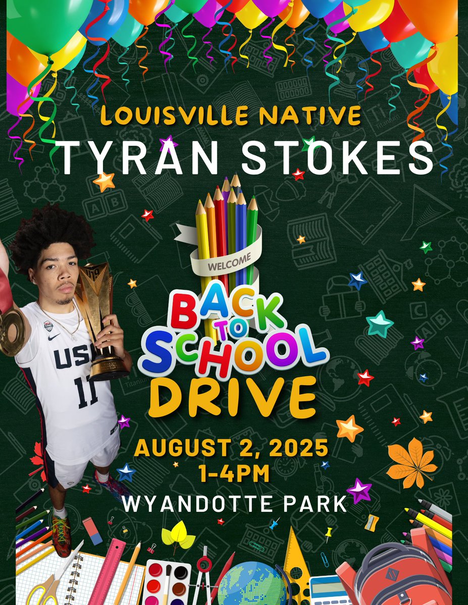 tyran_stokes's tweet image. Louisville’s native Tyran Stokes will be hosting his very first back to school drive! Saturday August 2nd 2025 from 1-4pm at Wyandotte Park
Fun filled games and giveaways for the community!
