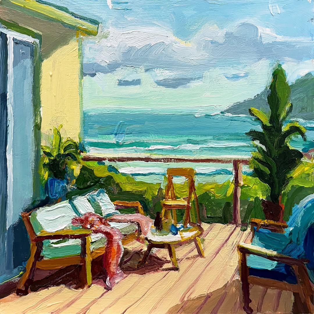 RClaremont's tweet image. I hadn’t planned to paint this.
The cushions were too neat, the light too harsh.
Then a breeze stirred—shadows shifted, the throw lifted, and suddenly it wasn’t just a view, it was a rhythm.
I mixed new greens and let the brush take over. 🌿🎨
“A Moment on the Deck”.