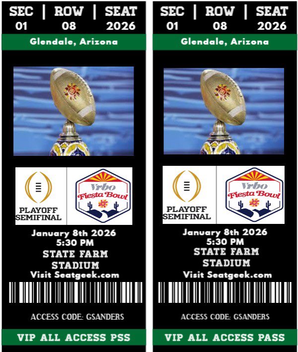 Coach Sanders (@coachsanders85) on Twitter photo This years <a href="/Fiesta_Bowl/">Fiesta Sports Foundation</a> is a <a href="/CFBPlayoff/">College Football Playoff</a> Semifinal!! Get your tickets now! Visit <a href="/SeatGeek/">SeatGeek</a> and enter access code GSANDERS before they are open to the public for the best pricing ever! Public tickets are open August 18th. Message me with any questions! <a href="/BowlSeason/">Bowl Season</a> #CollegeFootball This years <a href="/Fiesta_Bowl/">Fiesta Sports Foundation</a> is a <a href="/CFBPlayoff/">College Football Playoff</a> Semifinal!! Get your tickets now! Visit <a href="/SeatGeek/">SeatGeek</a> and enter access code GSANDERS before they are open to the public for the best pricing ever! Public tickets are open August 18th. Message me with any questions! <a href="/BowlSeason/">Bowl Season</a> #CollegeFootball