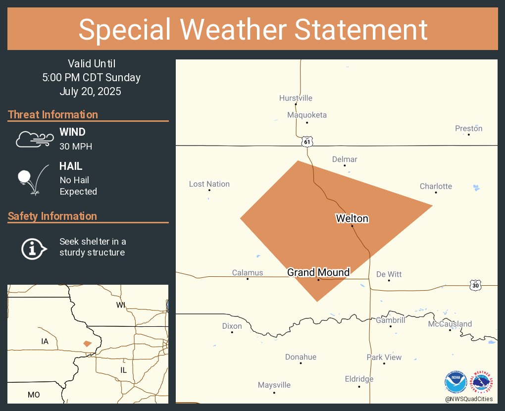 NWSQuadCities's tweet image. A special weather statement has been issued for Grand Mound IA and Welton IA until 5:00 PM CDT