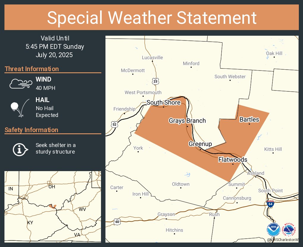 NWSCharlestonWV's tweet image. A special weather statement has been issued for Flatwoods KY, Russell KY and Raceland KY until 5:45 PM EDT