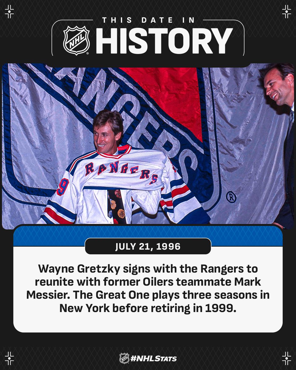 NHLPR's tweet image. THIS DATE IN 1996: Wayne Gretzky signs with the @NYRangers. He would go on to collect his final 249 career points with the franchise. #NHLStats
