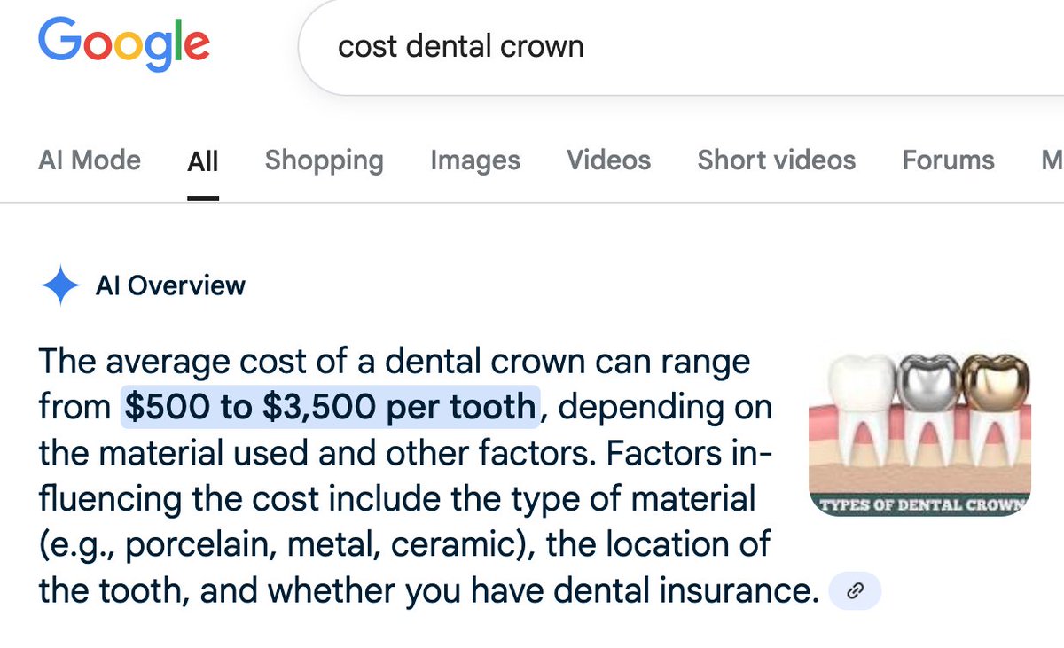 ax123man's tweet image. Is google AI admitting that dentist's charge more if you have insurance? You'd think insurance companies would have a hissy fit. That is unless they're in on it.