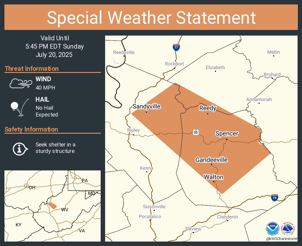 NWSCharlestonWV's tweet image. A special weather statement has been issued for Spencer WV, Reedy WV and Sandyville WV until 5:45 PM EDT