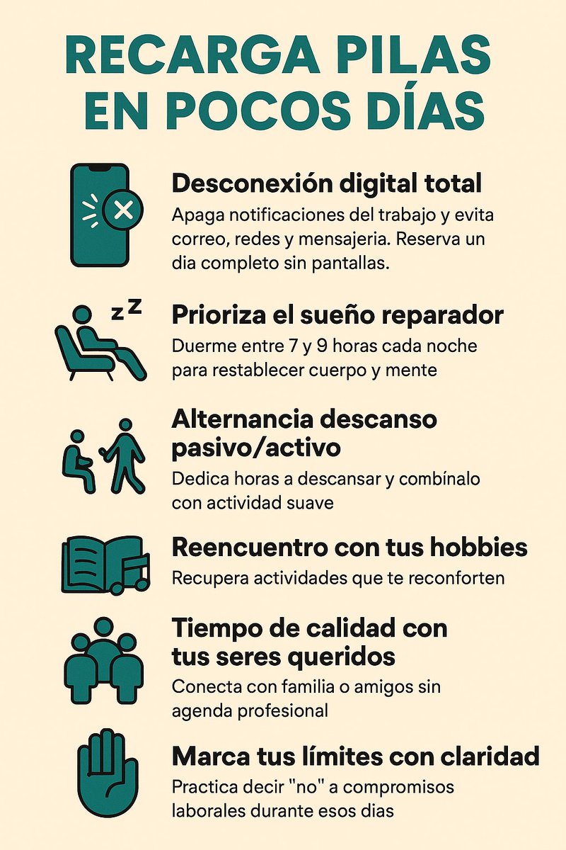 7 estrategias simples para recargar pilas en pocos días:

✔️ Descansa de las pantallas
✔️ Duerme mejor
✔️ Activa cuerpo y mente
✔️ Recupera tus hobbies
✔️ Rodéate de quienes te nutren
✔️ Pon límites al trabajo
✔️ Y, sobre todo, priorízate