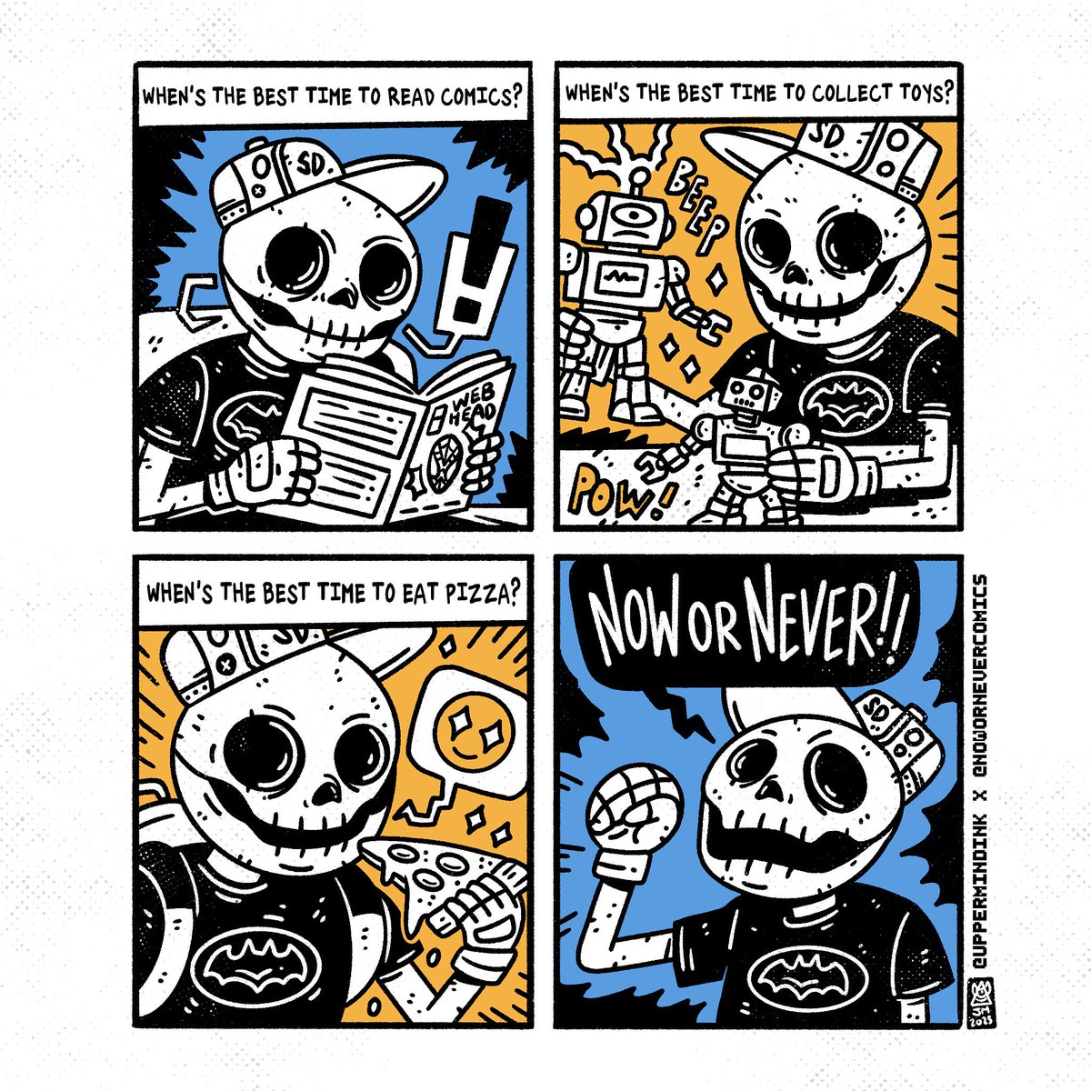 uppermindink's tweet image. NOW OR NEVER! πβ¨
Read comics, collect toys, and eat pizza! Thereβs no time like the present.
Hereβs a comic I whipped up to celebrate the COMICS OR DEATH merch that just dropped at @NowOrNeverComic! Iβm stoked so many people love Skull Boy.