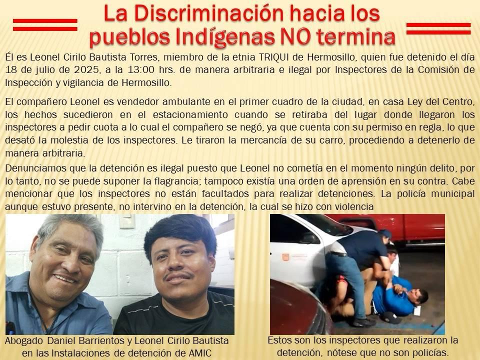 siimachumaa's tweet image. Exigimos al presidente municipal de Hermosillo Sonora, la liberación inmediata de nuestro compañero Leonel Bautista Torres militante del MULT, quien fue detenido el 18 de julio por inspectores del municipio. @AlfonsoDurazo @CNDH @salomonj @jesusromerooax