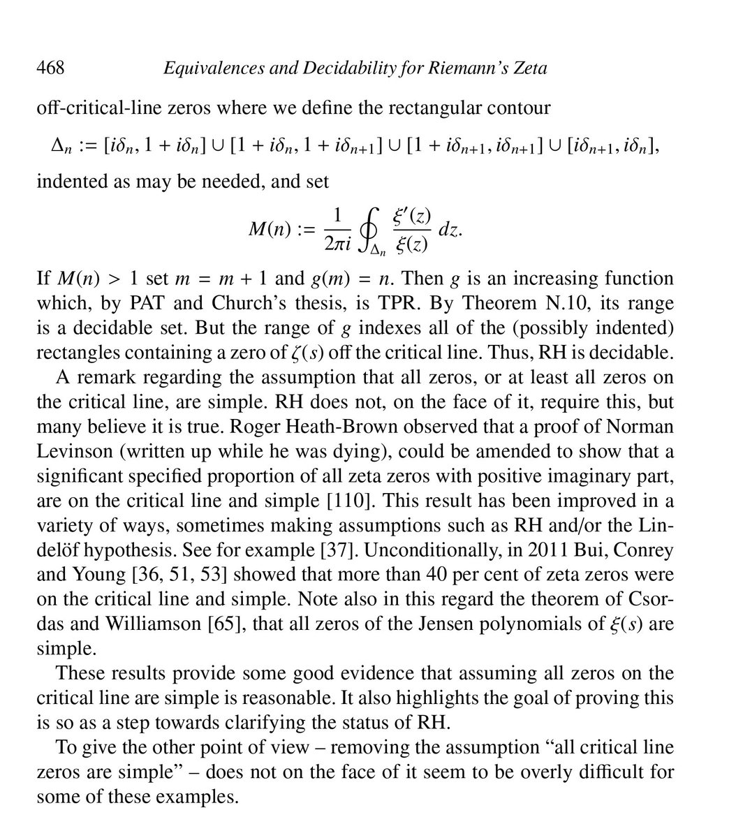 ModalMetamodel's tweet image. I suspect that Broughan conflates two notions of decidability here. If every zero is simple, then yes, I’ll grant that the set S of indices of zeroes off the critical line is decidable, but this does NOT mean that verifying whether S is empty is decidable in Peano Arithmetic.