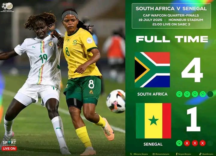 MbalulaFikile's tweet image. FULL TIME
SA 0 (4) vs (1) 0 Senegal
4 clinical penalties converted and TWO massive saves from Dlamini between the posts 🧤 secured Banyana Banyana's 4 - 1 victory on penalties, to reach to the Semi-Finals of the Women's African Cup of Nations (WAFCON)
We’re heading to the…