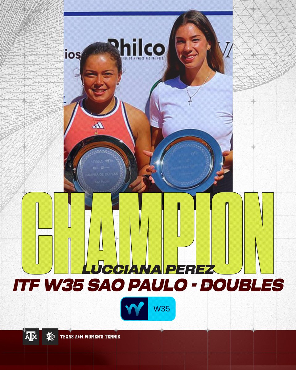 AggieWTEN's tweet image. ๐๐๐
Back-to-back!
And a weekend double!
Lucciana Perez won an ITF W35 singles tournament for the second consecutive week and added a doubles trophy to her mantel.
#GigEm // #AggieWT // @ITFTennis