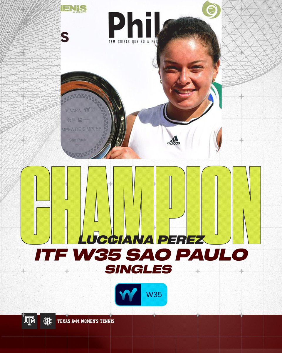 AggieWTEN's tweet image. ๐๐๐
Back-to-back!
And a weekend double!
Lucciana Perez won an ITF W35 singles tournament for the second consecutive week and added a doubles trophy to her mantel.
#GigEm // #AggieWT // @ITFTennis