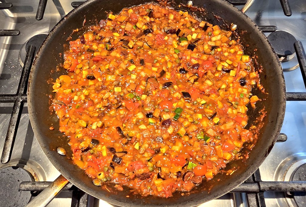 grapesunwrapped's tweet image. Its a good evening for caponata. Or my take on it. A mix of vegetables from my garden and local farms. Hmm...what will I use it with? #caponata #norecipes #justahomecook #homegardener #jerseyfresh