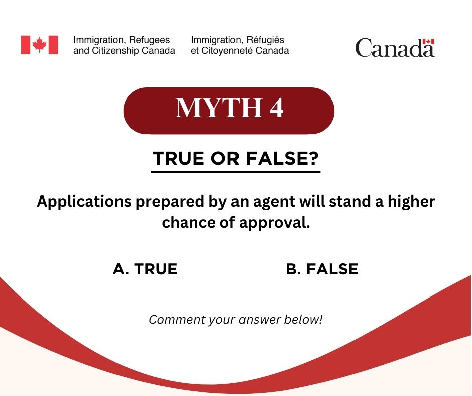CanadaCameroon's tweet photo. 🤔Here’s myth 4 of our #MythBustingMinute series 💥 Tell us what you think and check back later this week for the correct answer!
#IRCCMythBustingMinute https://t.co/y3lRG3OXYo