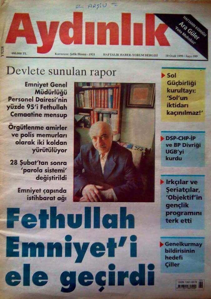 10 Ocak 1999 da Fetönün emniyet yapılanması haberini okuyunca bugün Aydınlık gazetesinin yine aynı örgüt ve uzantılarının faaliyetlerini haberleştirmesi ayrı bir kıymet ve anlam taşıyor <a href="/AydinlikGazete/">Aydınlık</a> <a href="/ulusalkanal/">Ulusal Kanal</a> <a href="/kaanarslanKA/">Kaan Arslan</a> <a href="/ilkeryucell/">Mustafa İlker Yücel</a> <a href="/mkulunk/">Metin KÜLÜNK</a>