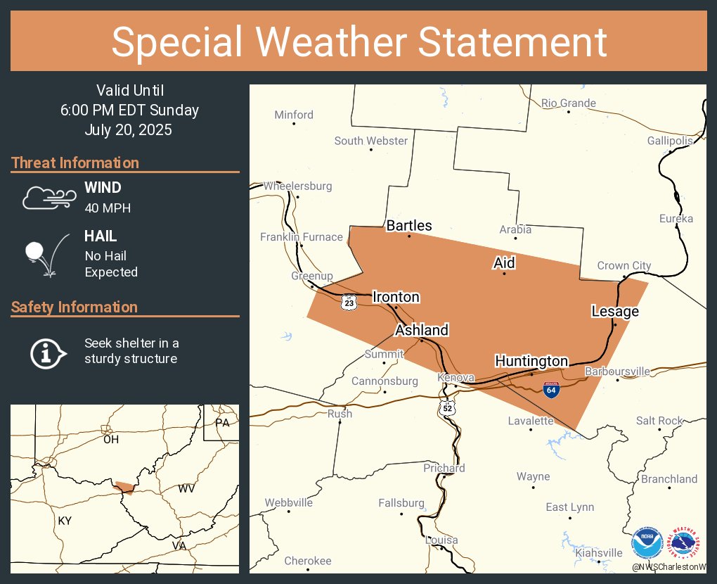 NWSCharlestonWV's tweet image. A special weather statement has been issued for Huntington WV, Ashland KY and Ironton OH until 6:00 PM EDT