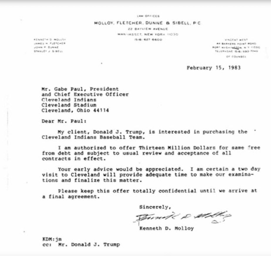 Donald J. Trump tried to purchase the Indians back in 1983. If accepted, this would have changed history in so many ways. #GuardsBall