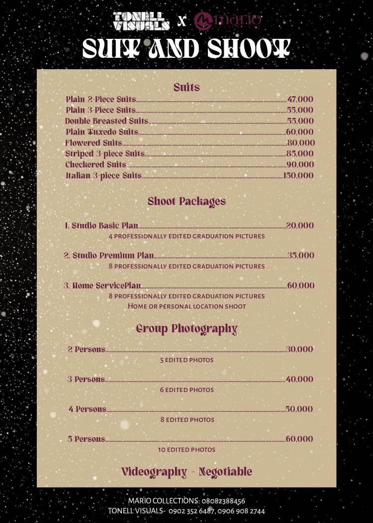 MARIO__System's tweet image. You know its just you missing from making this a moment🎓❤️
PHOTOSHOOT by MARIO COLLECTIONS × TONELL VISUALS LOCATION: BABCOCK SUPERSTORE
PICTURES to be DELIVERED in 48-72HRS
For reservations, Call or Text 08082388456 (MARIO COLLECTIONS)
See photoshoot pricelist below❤️