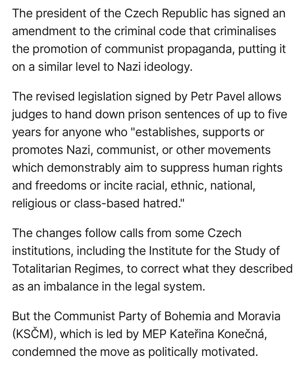 TheZeitgeistNZ's tweet image. The Czech Republic has criminalised spreading communist propaganda, putting it on par with spreading Nazi propaganda under Czech law.
As a free speech advocate I think you ought to be able to do both, even though I disagree with them. But it is remarkable how many countries have…