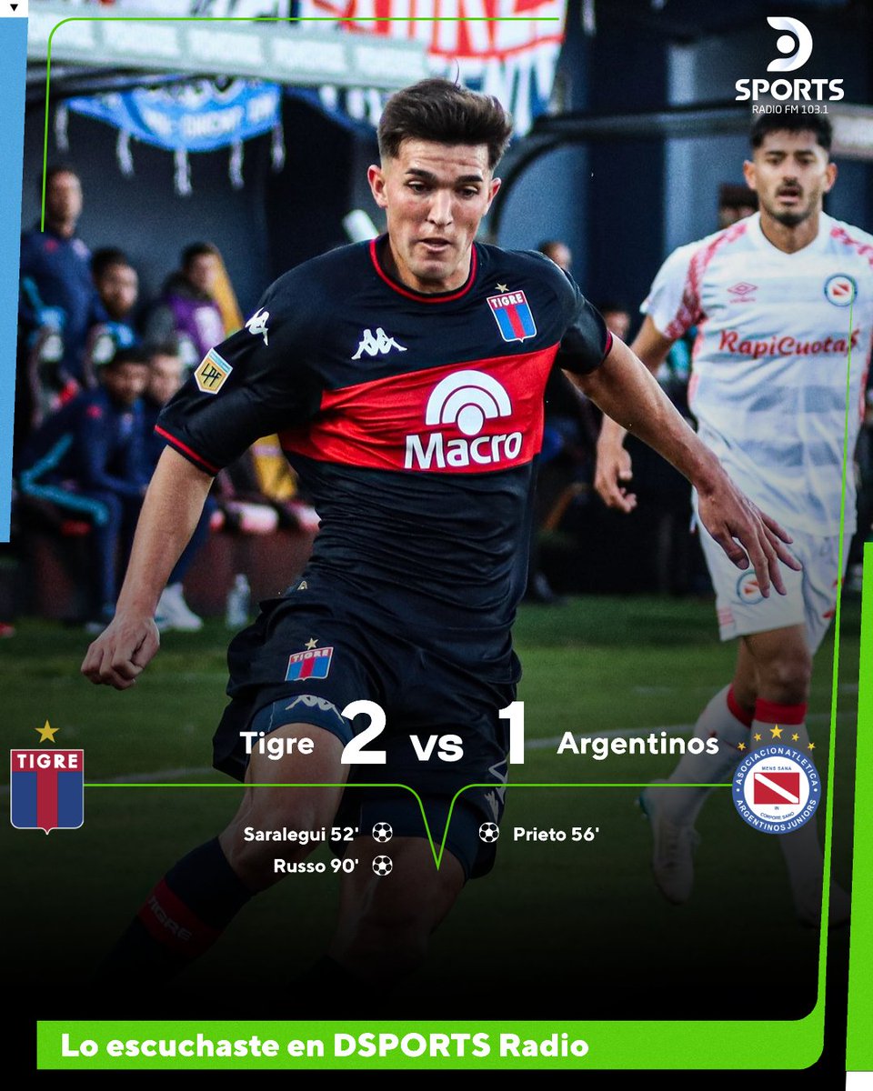 DSports Radio 103.1 FM (@dsportsradio) on Twitter photo Y EL MATADOR VA... 🐯
Tigre venció 2-1 a Argentinos Juniors por la segunda jornada del Torneo Clausura 🏆
⚽️ Russo y Saralegui / Prieto
Lo escuchaste en DSPORTS Radio FM 103.1 #ElSonidoDelDeporte, con los relatos de <a href="/Relatasager/">PabloSager🎙🐜⚽️🐎</a> y los comentarios de <a href="/alejogarciacao/">Alejo García Cao</a> 📻 Y EL MATADOR VA... 🐯
Tigre venció 2-1 a Argentinos Juniors por la segunda jornada del Torneo Clausura 🏆
⚽️ Russo y Saralegui / Prieto
Lo escuchaste en DSPORTS Radio FM 103.1 #ElSonidoDelDeporte, con los relatos de <a href="/Relatasager/">PabloSager🎙🐜⚽️🐎</a> y los comentarios de <a href="/alejogarciacao/">Alejo García Cao</a> 📻
