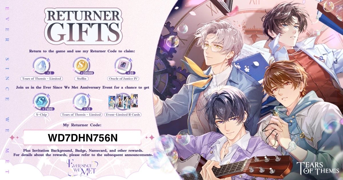 emiichanted's tweet photo. Welcome back to Stellis! Here's a special Returner Gift for you. Log in now and participate in the "Ever Since We Met" Event! Link my exclusive Returner Code "WD7DHN756N" to obtain the gift! #TearsOfThemis #EverSinceWeMet  Download link:https://t.co/uQMYzL2Tkk https://t.co/Mn6ne2jm79