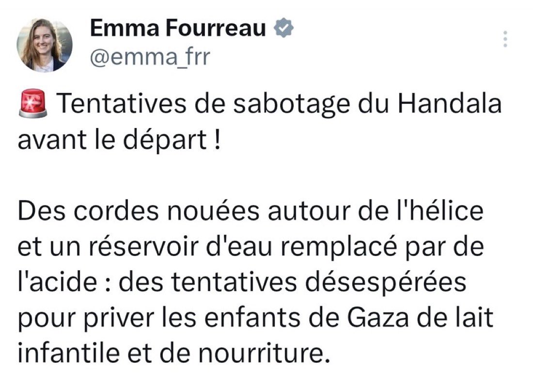 SpectateursFr's tweet image. 🚨🇫🇷🇵🇸 Des actes de sabotage ont été commis contre la flottille #Handala avant son départ ! Des cordes étaient enroulées autour de l'hélice et un réservoir d'eau potable a été remplacé par de l'acide.
👉 Source de la députée @emma_frr au Parlement européen et membre de la…