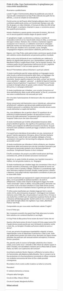 ilcorriere.net/pride-di-alba-…

Ad #Alba (CN) Ottavio OLLIVERI e @MargheritaRUFF1.NO (#PopolodellaFamiglia) chiariscono quali siano i contenuti reali ed effettivi del #Langhe e #Roero #gaypride il #5luglio 2025, assai offensivi per la #Chiesa, i suoi rappresentanti e tutti i cristiani.