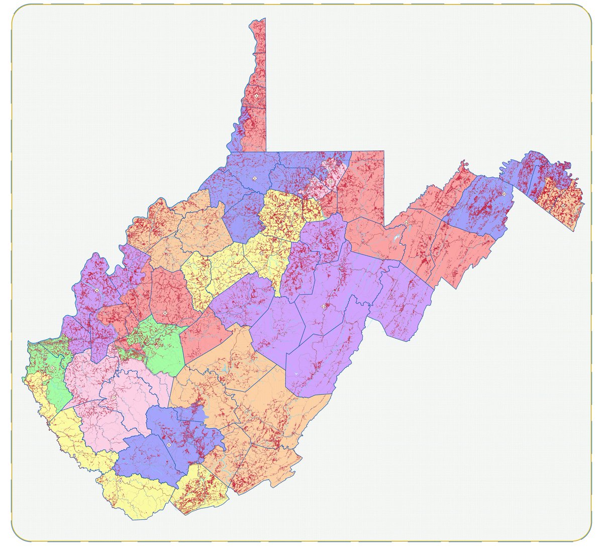 CScottJones's tweet image. Here are a couple more statewide dot density maps of West Virginia, but this time illustrating the current @wvhouse and @wvsenate districts. Counties are still visible in the background.