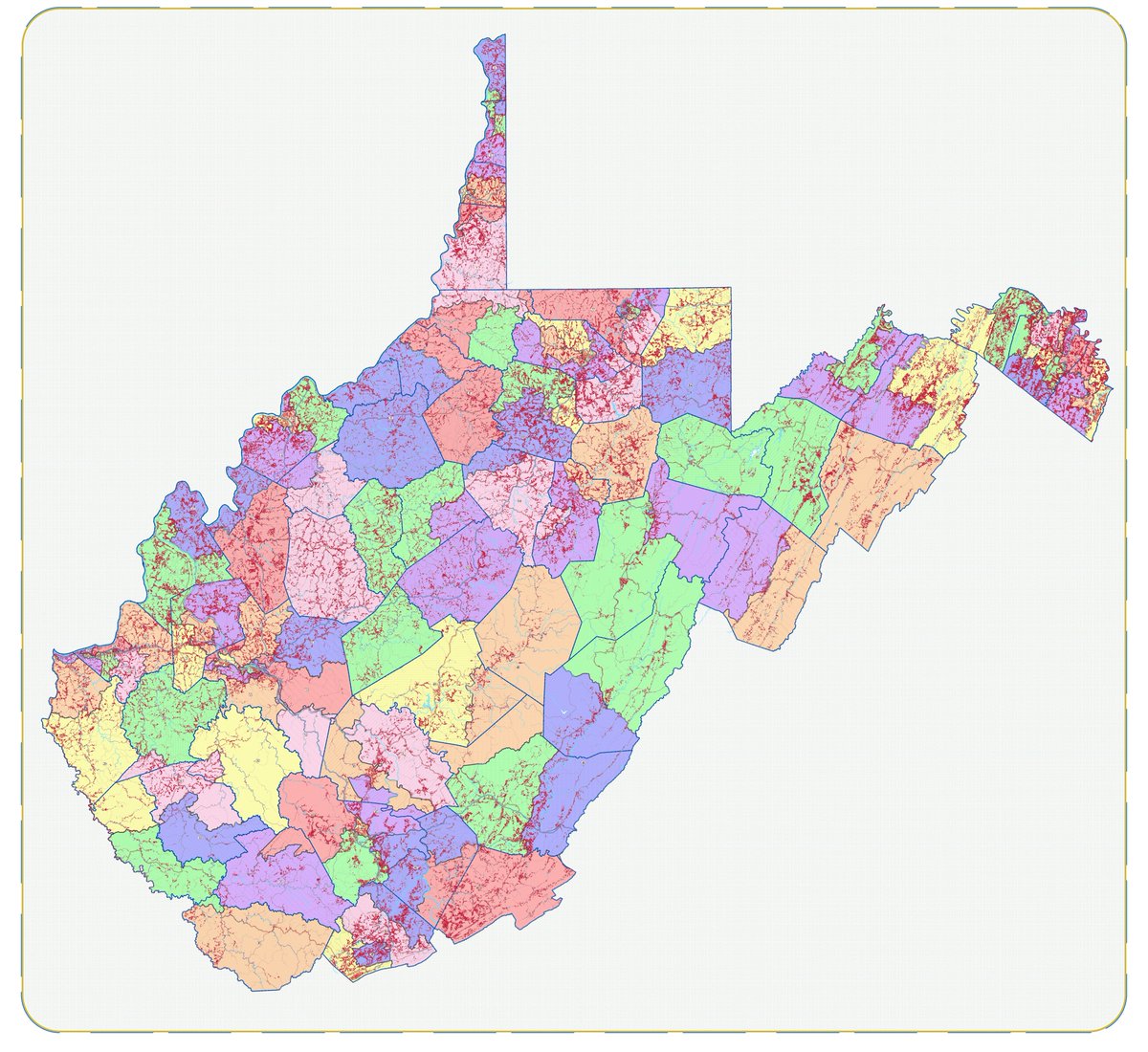CScottJones's tweet image. Here are a couple more statewide dot density maps of West Virginia, but this time illustrating the current @wvhouse and @wvsenate districts. Counties are still visible in the background.