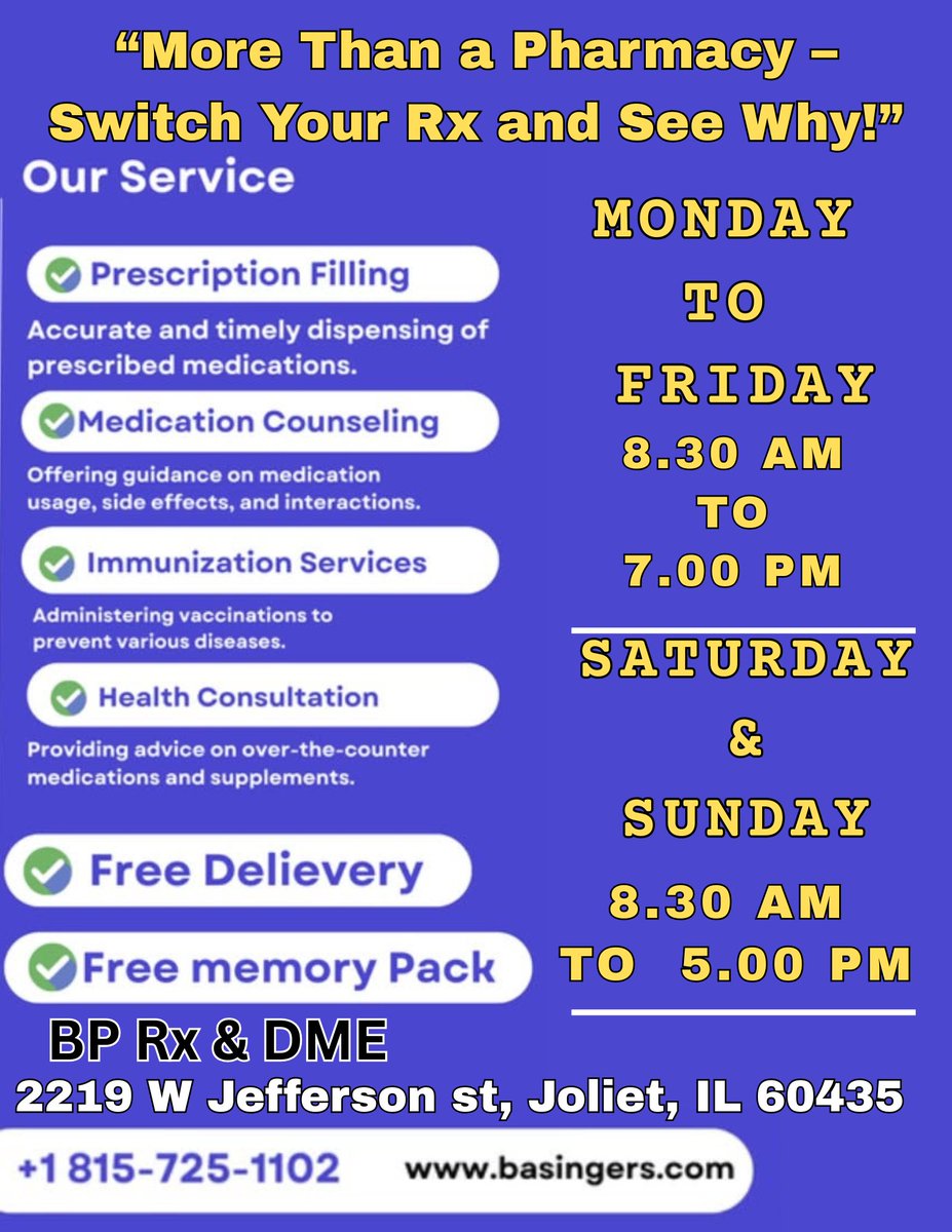 BpRxDME's tweet photo. Expert care, free delivery, and a smile every time.
BP Rx &amp; DME — your trusted neighborhood pharmacy.
.
.
.
📷 +1 (815) 725-1102
📷 dmebasingers1@gmail.com
📷 https://t.co/nWLoWgxN3g
📷 2219 W Jefferson st, Joliet, IL 60435
#BPRxDME
#JolietPharmacy
#MoreThanAPharmacy
#SwitchRx https://t.co/lToO1mYZph