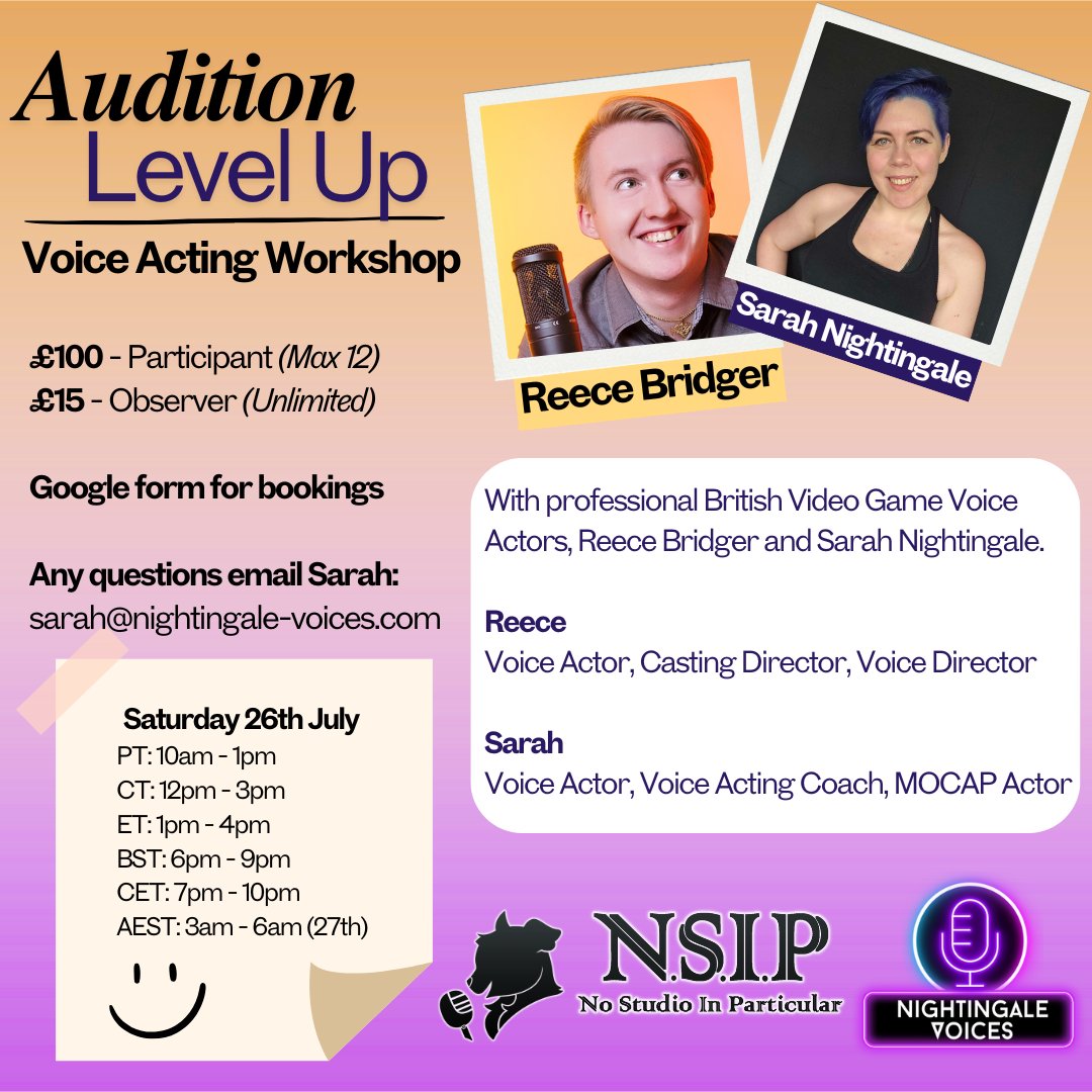 Places are going quickly for next weekend's Audition Level Up collaboration workshop with Professional Voice Actor and Casting Director <a href="/Reece_Bridger/">Reece Bridger | Catch Me In Bluer-Skies! 🍉</a>! 😄

We've had plenty of great reviews for this!

Register your interest below if you'd like to join us 👇😊