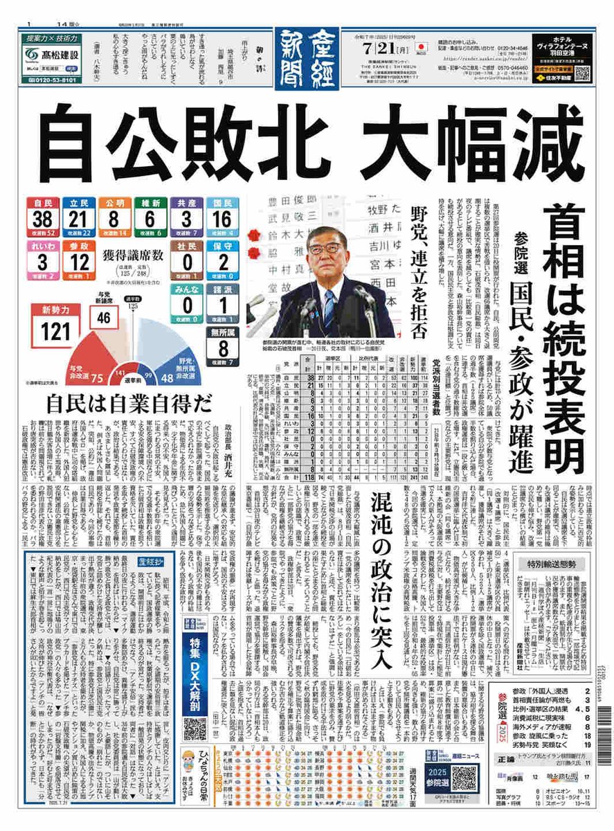 産経新聞 2025年7月21日の朝刊1面です。 ✓自公敗北 大幅減 首相は続投