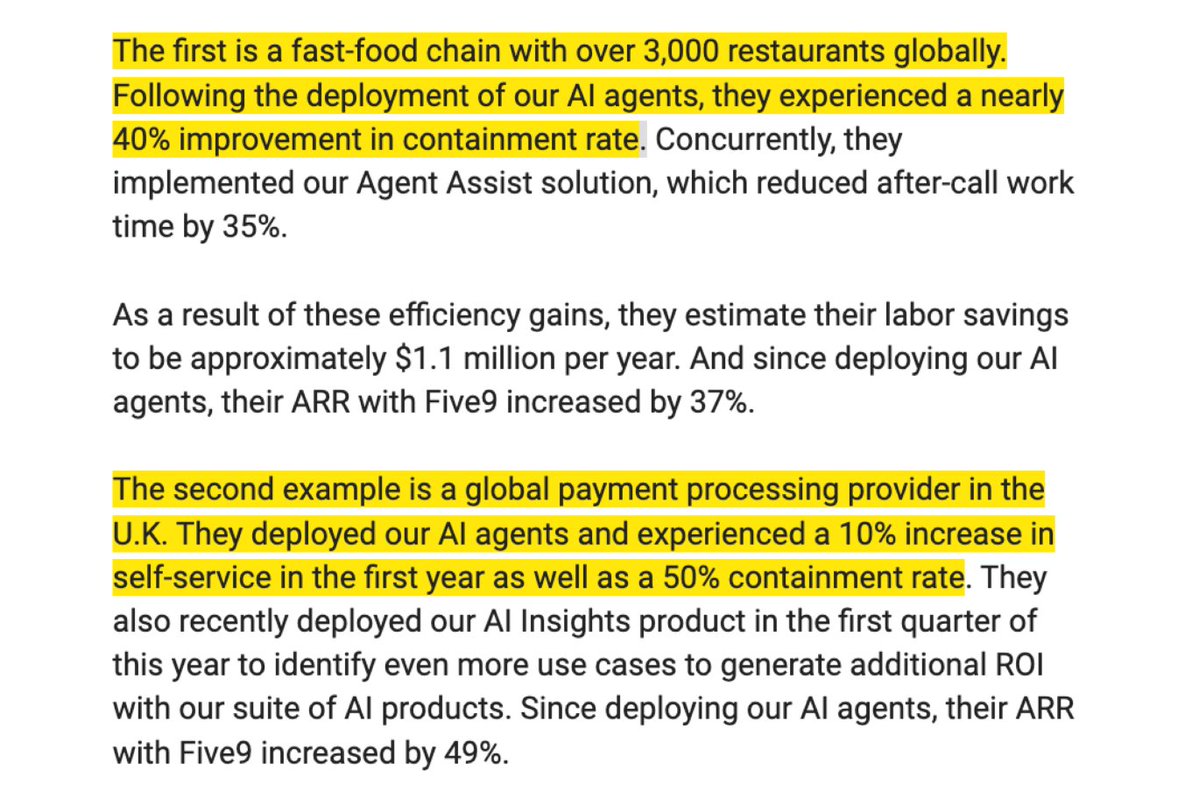 tanayj's tweet image. Per Five9's earnings call: Their AI customer support agents are resolving 40-50% of queries completely without human intervention