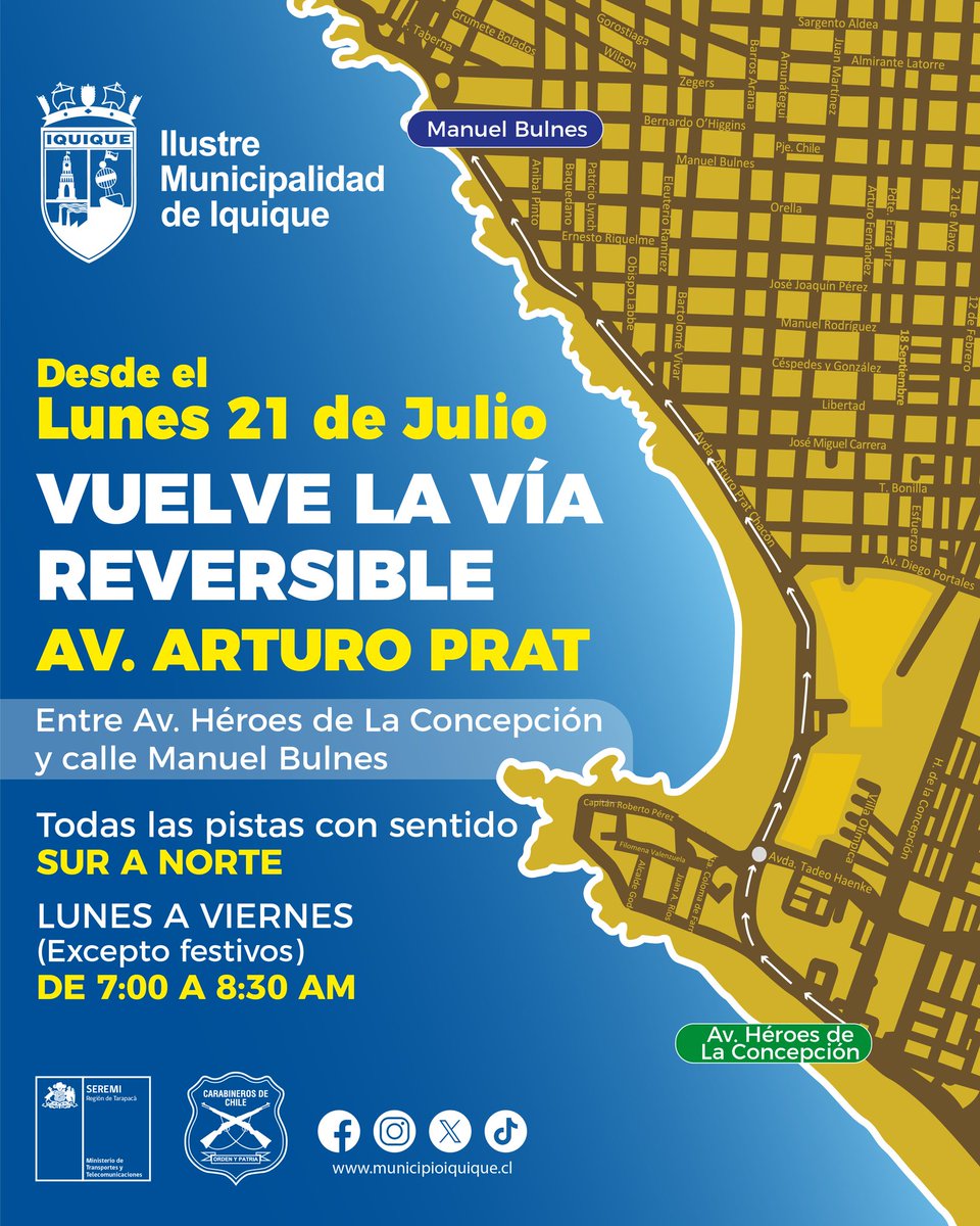 Municipalidad de Iquique (@iquiquedetodos) on Twitter photo 📢 ¡¡ATENCIÓN!!
VUELVE VÍA REVERSIBLE A AV. PRAT DE #Iquique
Rige durante Temporada Escolar 2025 y, además, según la condición del tránsito, <a href="/CarabTarapaca/">Carabineros Región de Tarapacá</a> podrá extenderla HACIA EL SUR hasta AV. STGO. POLANCO…
¡¡PREPARE SU VIAJE CON ANTICIPACIÓN!! 📢 ¡¡ATENCIÓN!!
VUELVE VÍA REVERSIBLE A AV. PRAT DE #Iquique
Rige durante Temporada Escolar 2025 y, además, según la condición del tránsito, <a href="/CarabTarapaca/">Carabineros Región de Tarapacá</a> podrá extenderla HACIA EL SUR hasta AV. STGO. POLANCO…
¡¡PREPARE SU VIAJE CON ANTICIPACIÓN!!