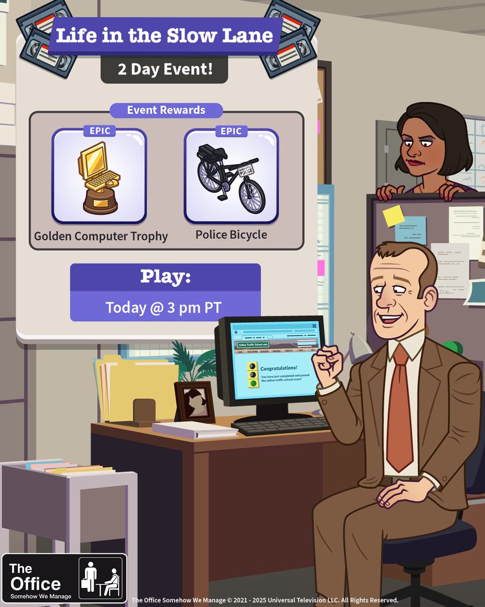 A NEW Superfan Mini-Event is live NOW! It's back to traffic school for Toby after he's stopped for driving too slow! Play for a chance to win two NEW in-game rewards: the GOLDEN COMPUTER trophy and the POLICE BICYCLE decor!
