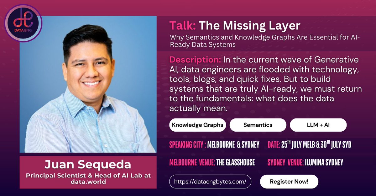 Talk: The Missing Layer: Why Semantics and Knowledge Graphs Are Essential for AI-Ready Data Systems

Juan Sequeda will break down what semantics really means for data engineers.

Catch this talk on Day 2 at both Melbourne and Sydney. 

dataengbytes.com/sydney