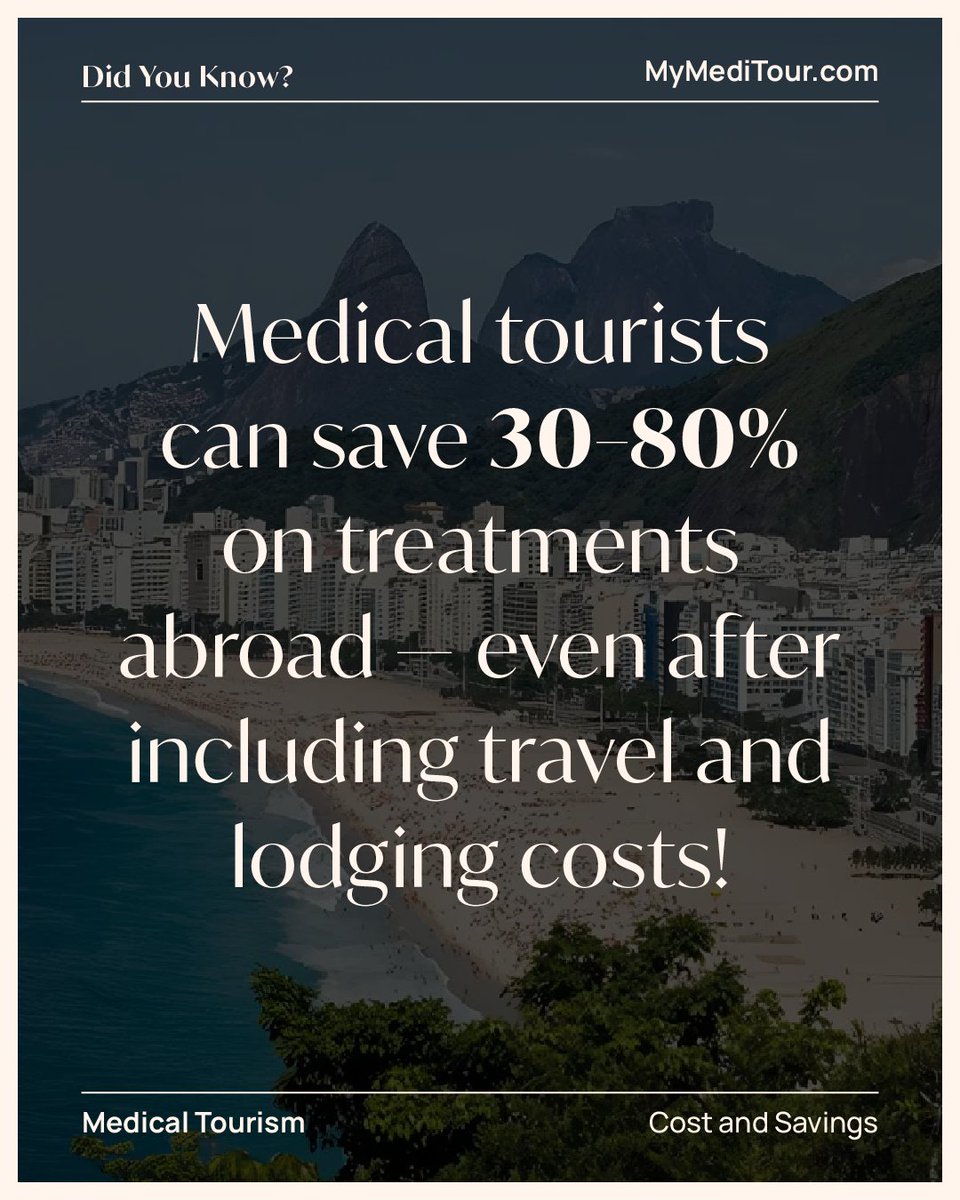 MyMediTour's tweet photo. 💡 Did you know?
You can save 30–80% on medical treatments abroad — even after factoring in flights &amp; hotels! 🌍✈️

Explore safe, affordable healthcare with a vacation twist.
👉 [https://t.co/Cyz4z4jqMk]

#MedicalTourism #MyMediTour https://t.co/wXCDpuZGSR