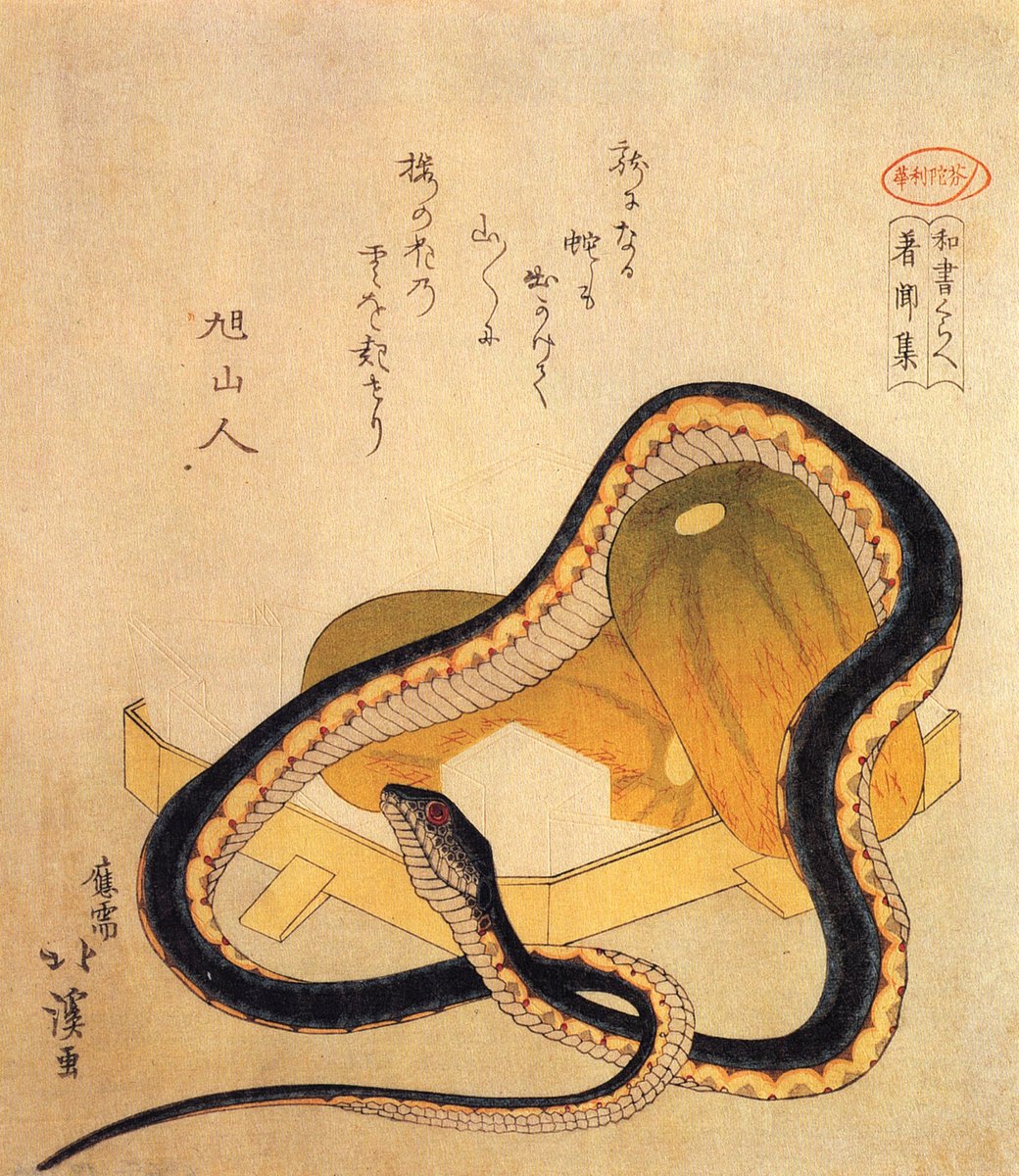 archaeologyart's tweet image. Surimono woodblock print depicting a snake, originally designed by Totoya Hokkei around 1820 and recreated by Hokusai around 1920.
Surimono are privately published woodblock prints that flourished in Japan primarily during the late Edo period (1603–1868). Unlike commercially…