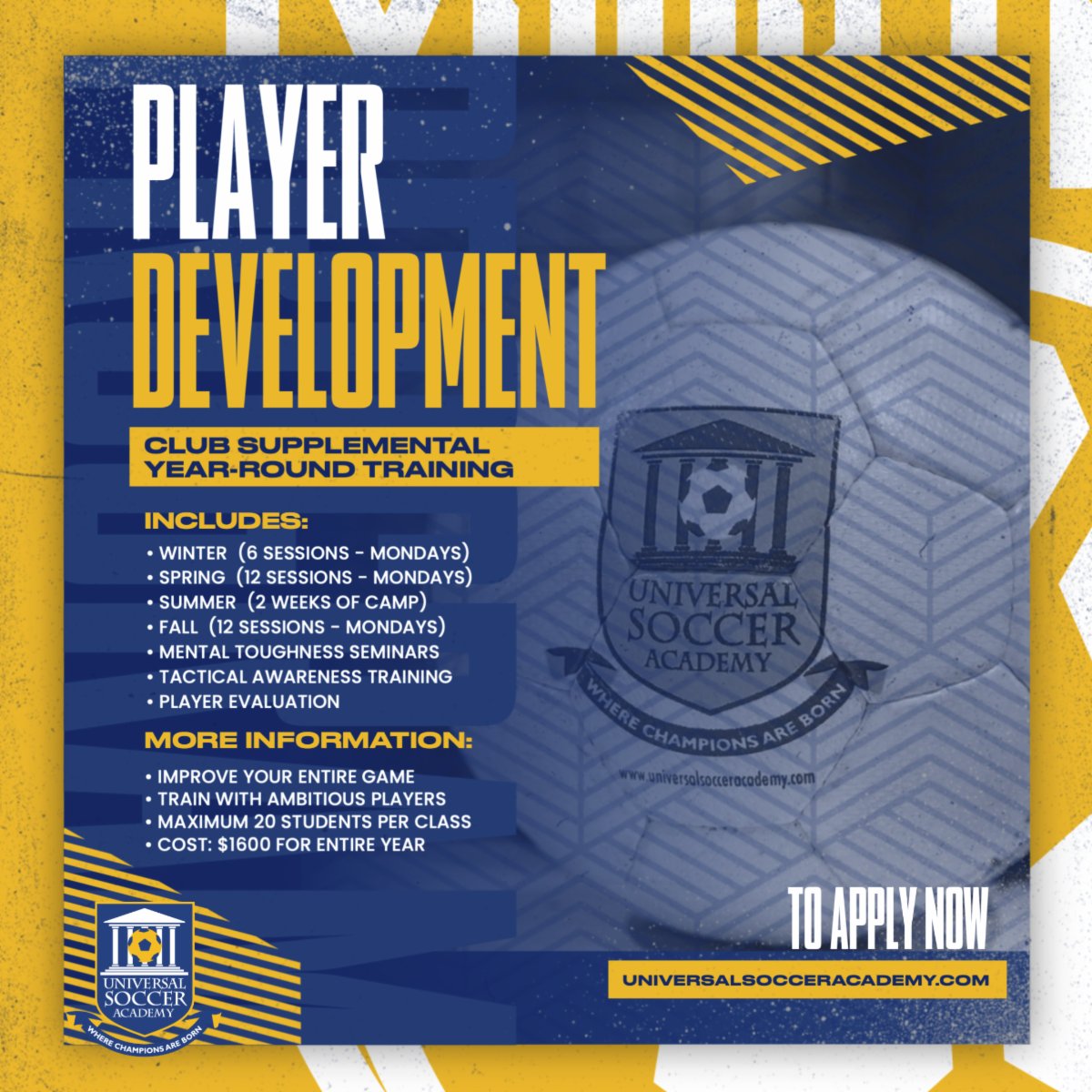 Join Universal Soccer Academy's Year-Round Player Development Program! ⚽️✨ Expert coaching for U10-U18. Apply Now! ow.ly/wwQ650WeRnl 

@univsocceracademy #univeresalsocceracademy #yearroundprogram #playerdevelopmentprogram