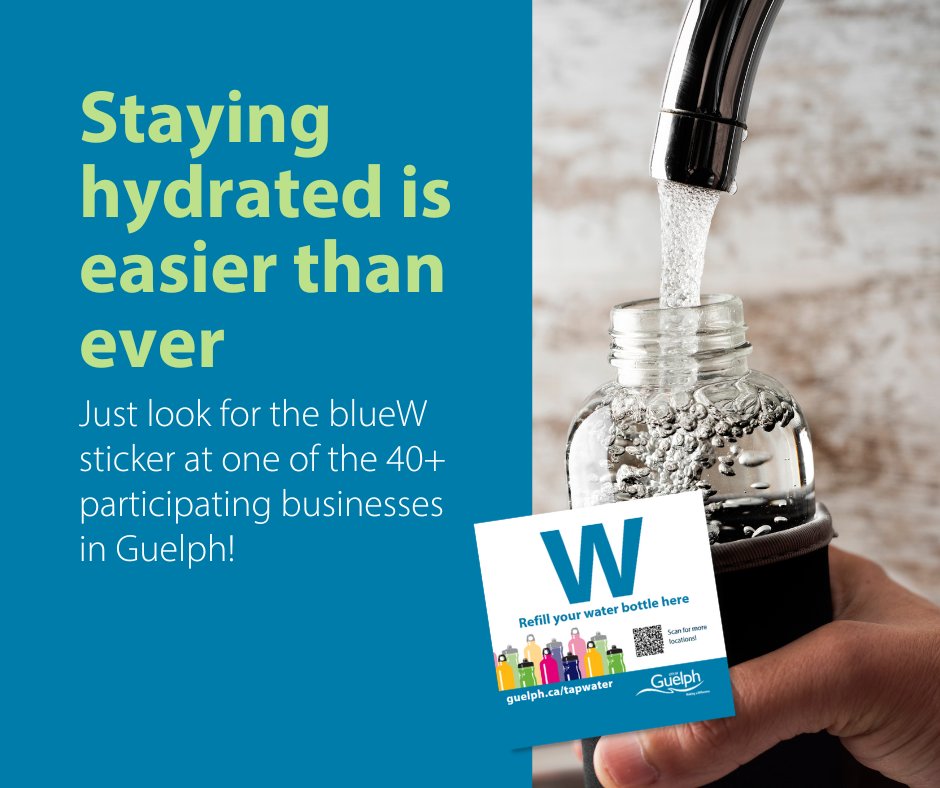 City of Guelph (@cityofguelph) on Twitter photo On the go in Guelph? 🚶♀️ Don’t forget to stay hydrated! Refill your reusable bottle for free at any of the 40+ businesses across Guelph who participate in the blue W program! Look for the blueW decal or use the map on guelph.ca/tapwater to find a location. On the go in Guelph? 🚶♀️ Don’t forget to stay hydrated! Refill your reusable bottle for free at any of the 40+ businesses across Guelph who participate in the blue W program! Look for the blueW decal or use the map on guelph.ca/tapwater to find a location.