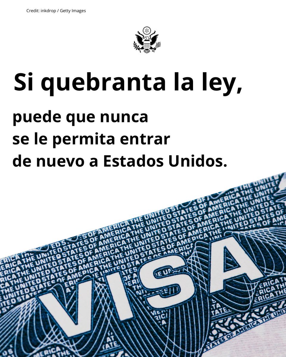 USAenEspanol's tweet image. Si miente para obtener una visa, trabaja sin permiso legal o permanece en EE.UU. después de que expire su visa o el período de exención, enfrentará consecuencias graves como pena de cárcel, deportación y prohibición permanente de obtener una visa estadounidense en el futuro.