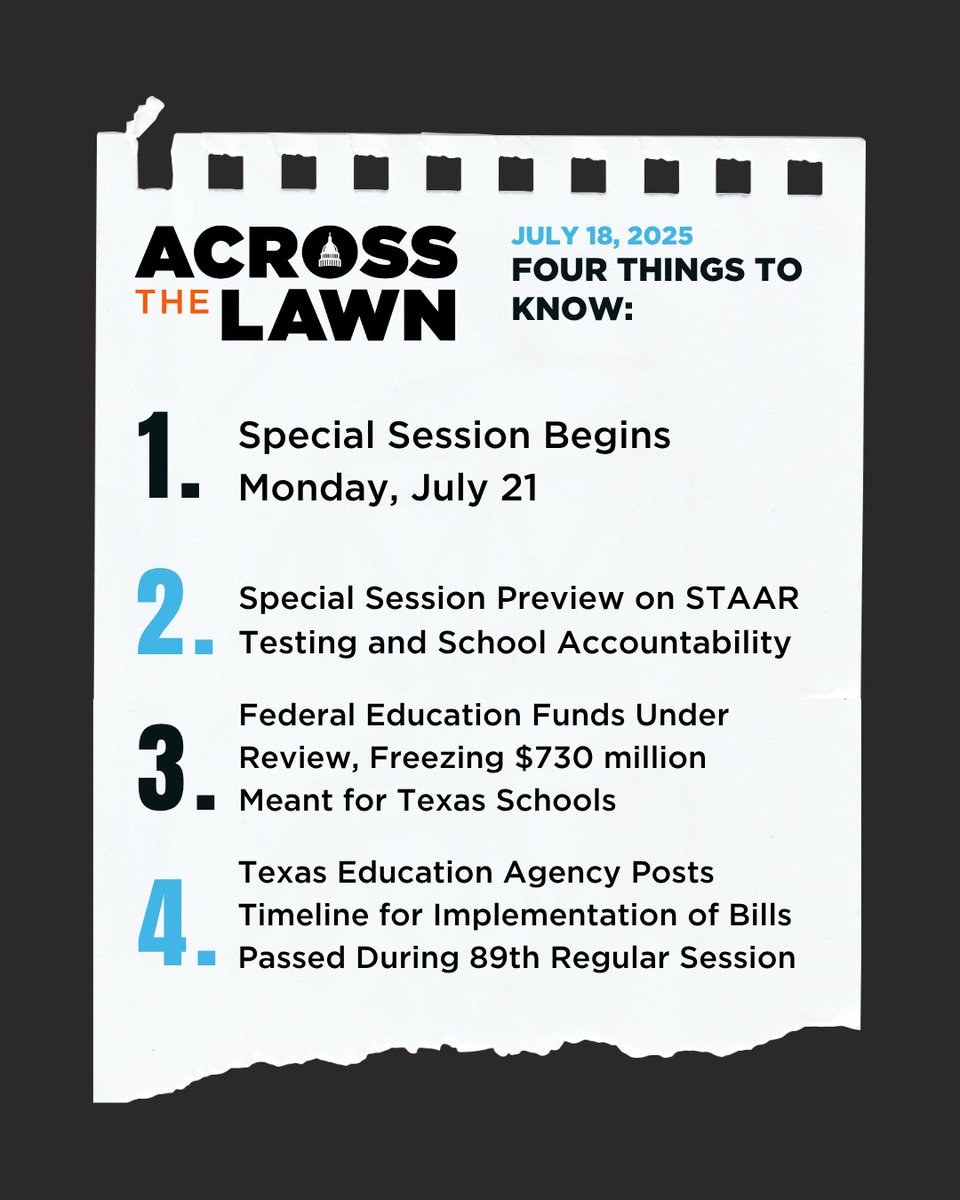 RYHTexas's tweet image. In this week’s Across the Lawn, read about STAAR being added to the Special Session, the federal funding freeze, and TEA’s timeline for bill implementation.
Read our full Texas public education legislative update at go.ryht.org/special-wk1
#SpecialSession #HB4 #Texas #STAAR…