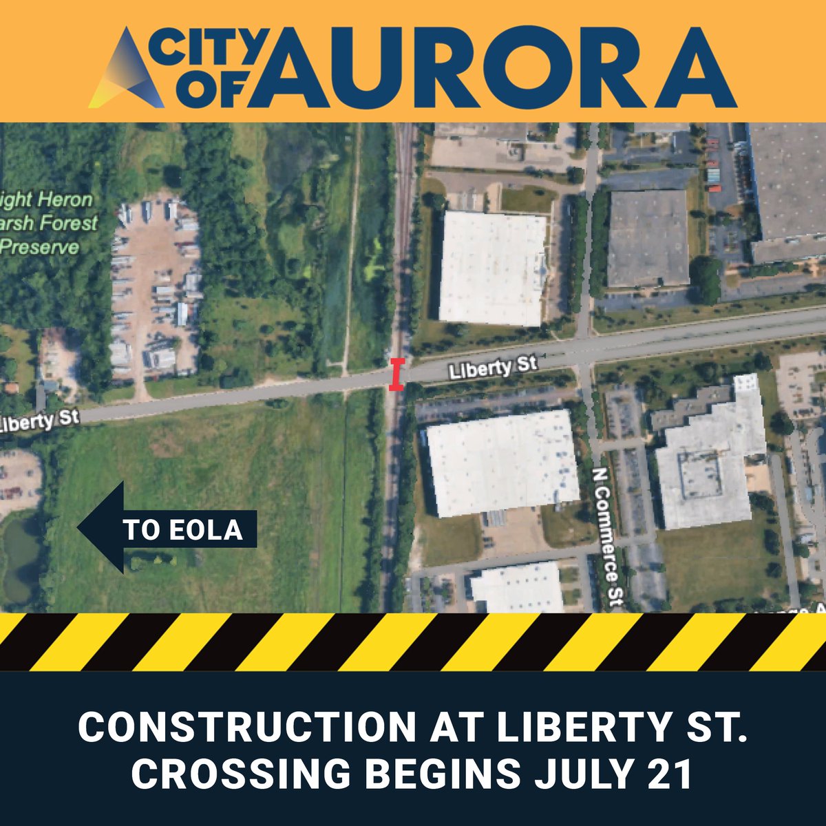 CityofAuroraIL's tweet image. ❗ ROAD CLOSURE: Liberty Street Railroad Crossing
🚧 With McCoy Drive now open following significant railroad bridge repairs, Liberty Street will be closed at the CN Railroad crossing beginning tomorrow.
⚠️ The closure of the crossing will last approximately one month, as track…